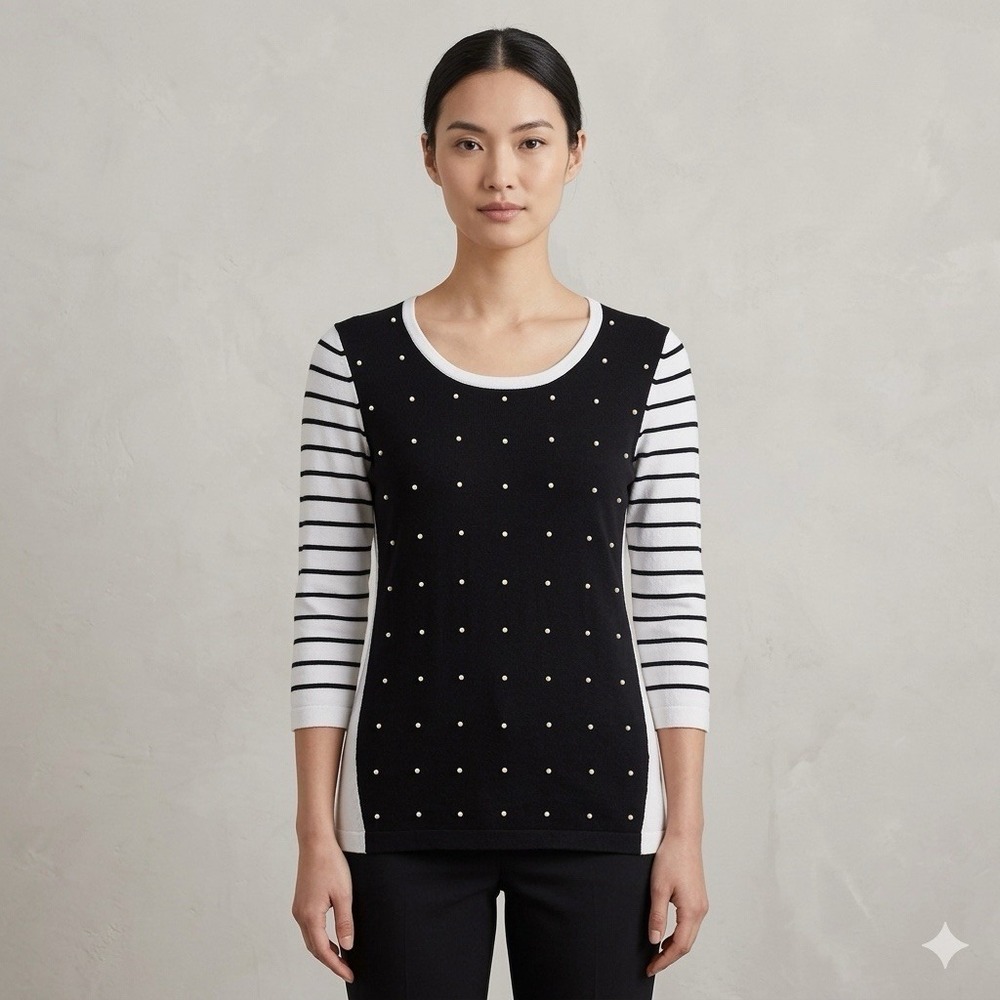 White House Black Market Sweater Women's XS Black White Polka Dot Striped